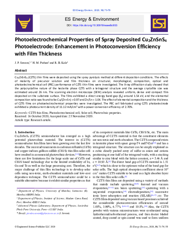 (PDF) Photoelectrochemical Properties of Spray Deposited Cu2ZnSnS4 ...