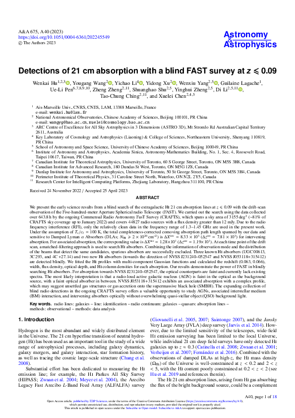 (PDF) Detections of 21 cm absorption with a blind FAST survey at z ≤ 0.09