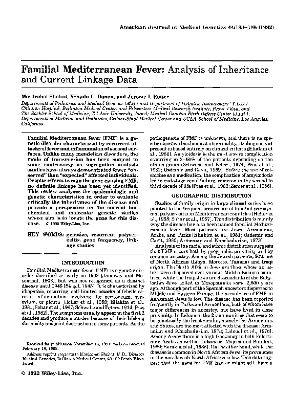 (PDF) Familial mediterranean fever: Analysis of inheritance and current ...