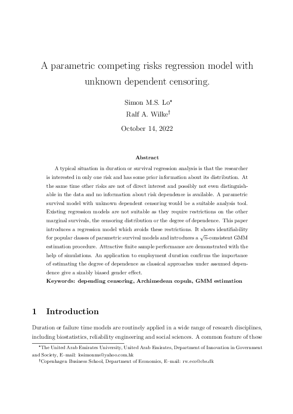 (PDF) A parametric competing risks regression model with unknown ...