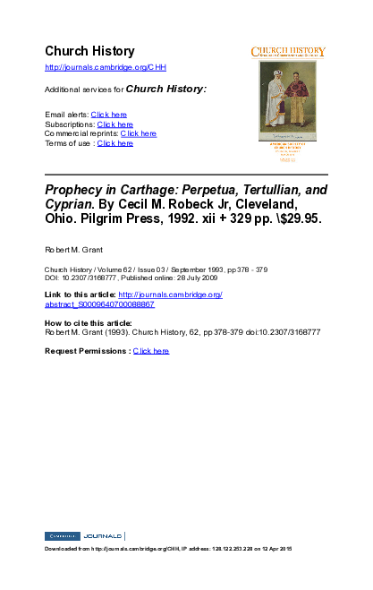 (PDF) Prophecy in Carthage: Perpetua, Tertullian, and Cyprian