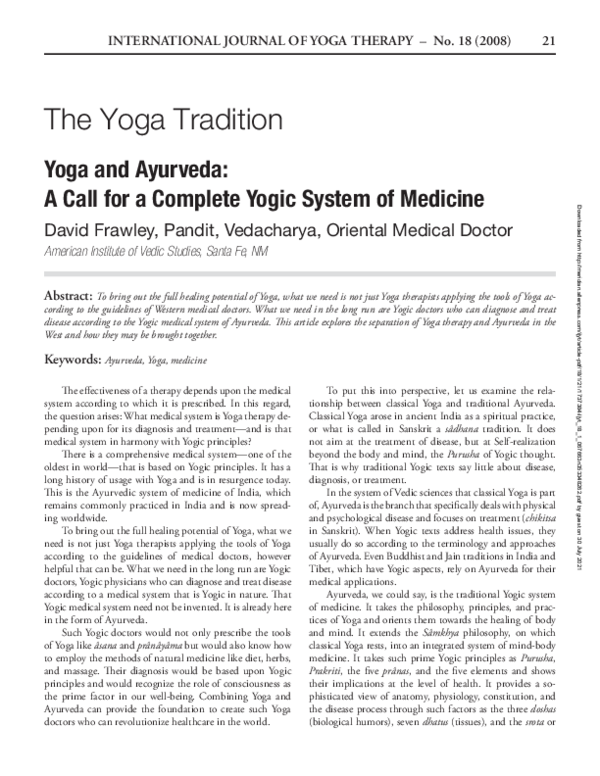 (PDF) Yoga and Ayurveda A Call for a Complete Yogic System of Medicine David Frawley