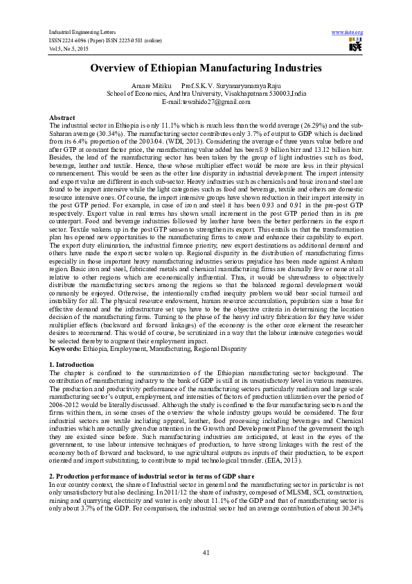 (PDF) Overview of Ethiopian Manufacturing Industries Amare Mitiku