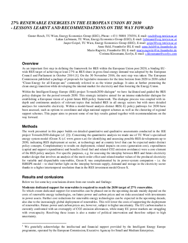 (PDF) 27% Renewable Energies in the European Union by 2030 - lessons ...