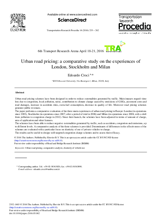(PDF) Urban Road Pricing: A Comparative Study on the Experiences of ...