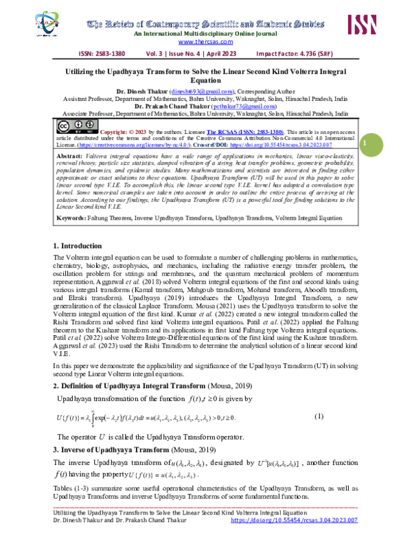 (PDF) Utilizing the Upadhyaya Transform to solve the linear second kind ...