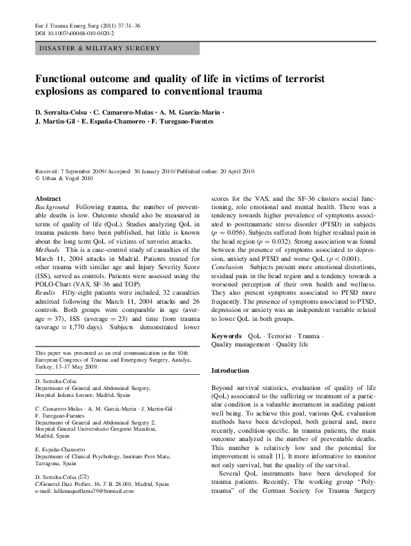 (PDF) Functional outcome and quality of life in victims of terrorist ...