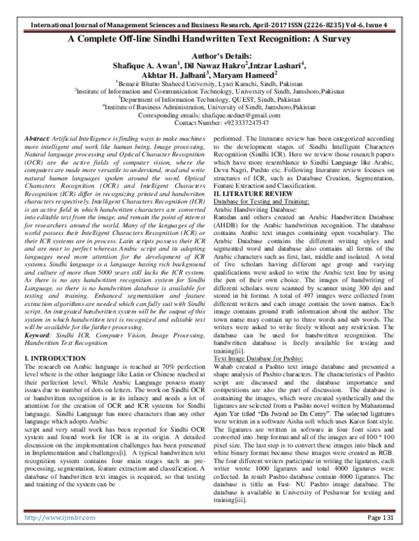 (PDF) A Complete Off-line Sindhi Handwritten Text Recognition: A Survey