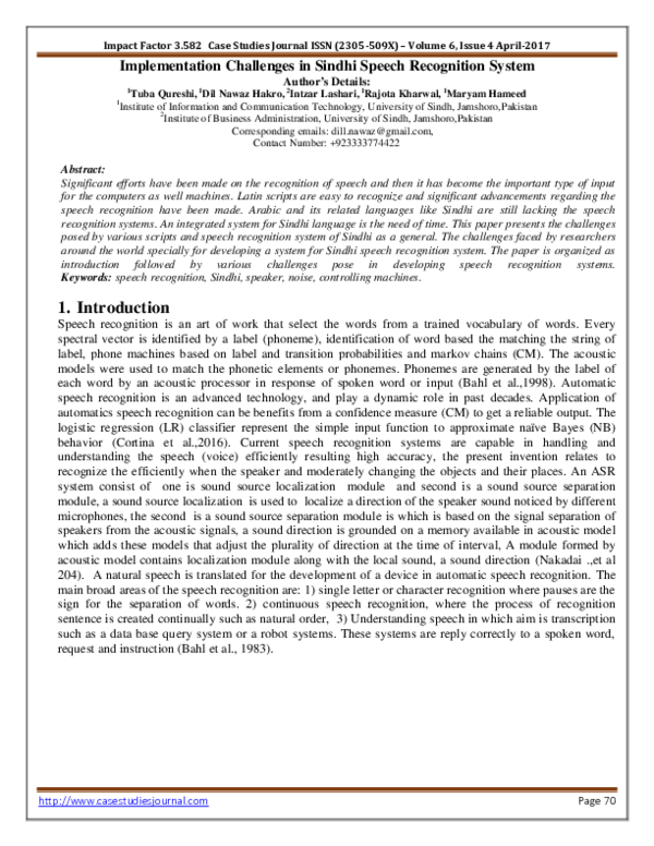 (PDF) Implementation Challenges in Sindhi Speech Recognition System