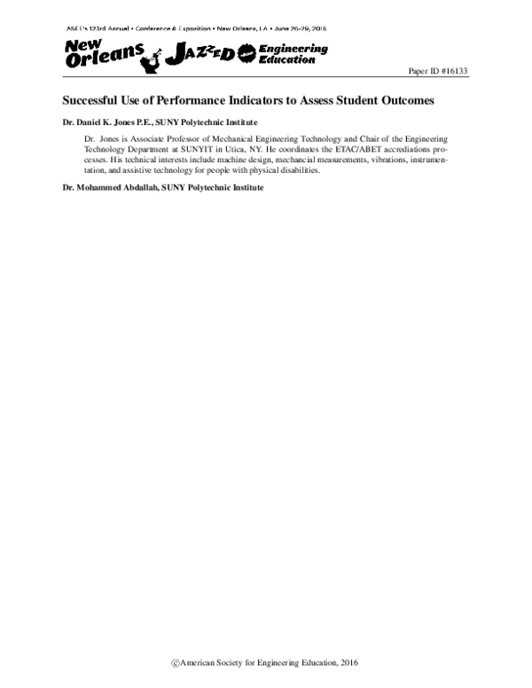 (PDF) Successful Use of Performance Indicators to Assess Student Outcomes