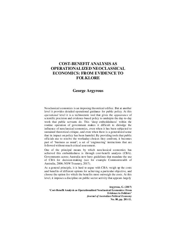 Cost-Benefit Analysis as Operationalized Neoclassical Economics: From Evidence to Folklore