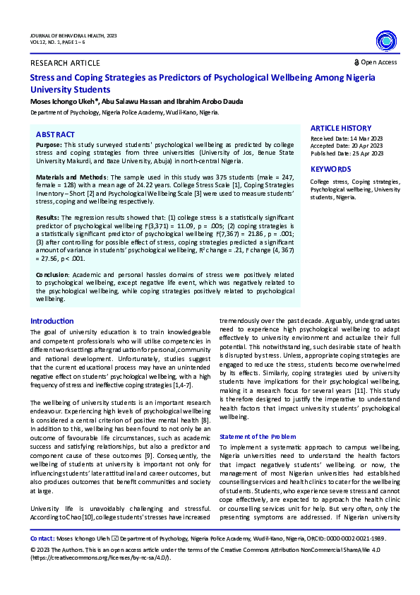 (PDF) Stress and Coping Strategies as Predictors of Psychological ...