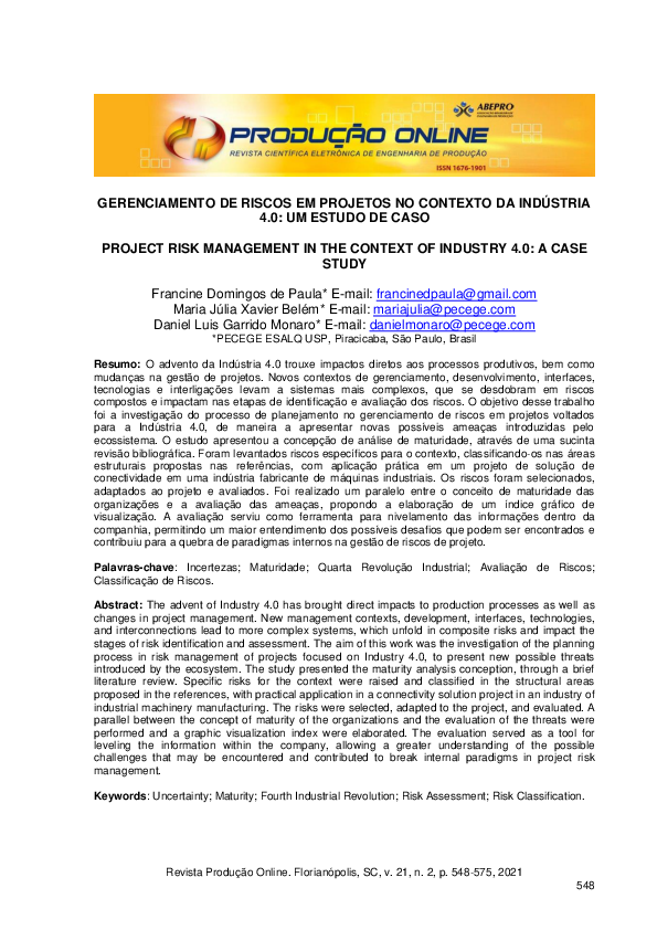 (PDF) Gerenciamento de riscos em projetos no contexto da indústria 4.0 ...