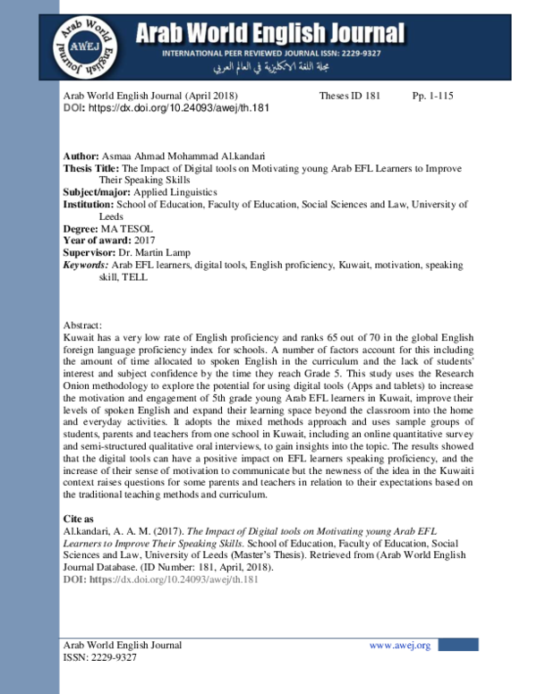 (PDF) The Impact of Digital tools on Motivating young Arab EFL Learners ...