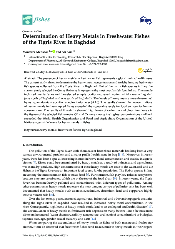 (PDF) Determination of Heavy Metals in Freshwater Fishes of the Tigris ...