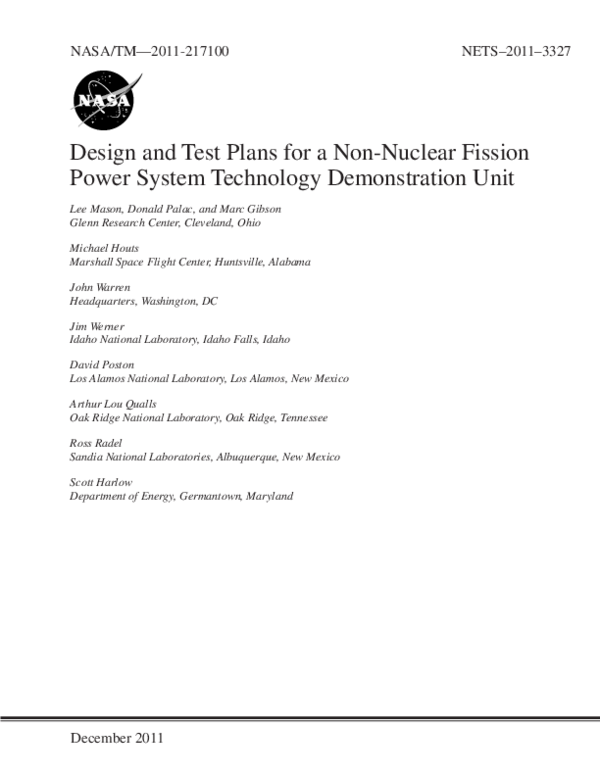 (PDF) Design and Test Plans for a Non-Nuclear Fission Power System ...