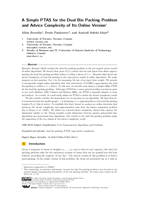 (PDF) A Simple PTAS for the Dual Bin Packing Problem and Advice
