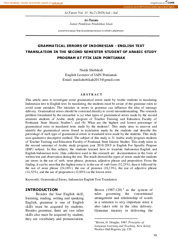 (PDF) Grammatical Errors of Indonesian-English Text Translation in The ...