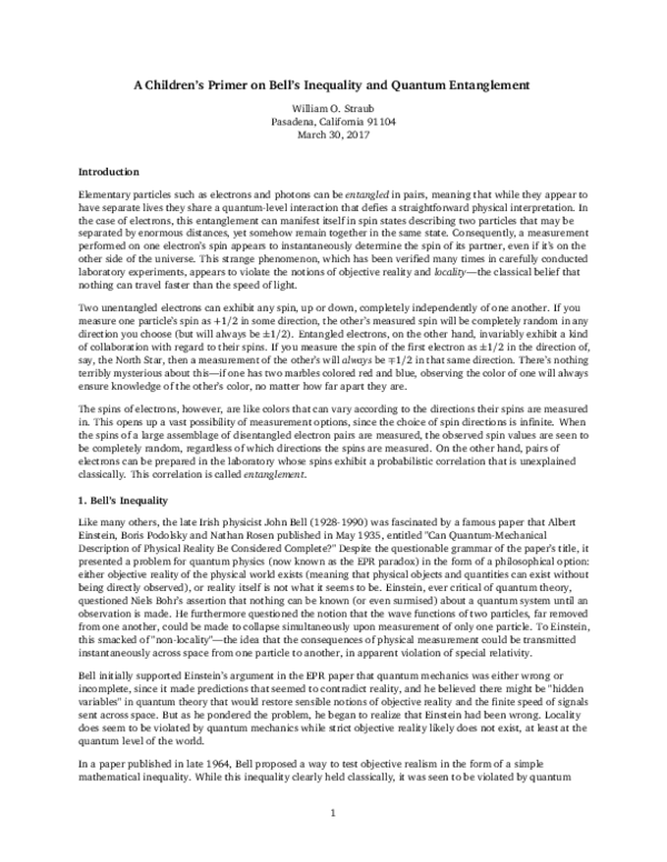 (PDF) A Children's Primer on Bell's Inequality and Quantum Entanglement