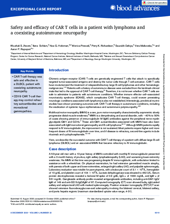 (PDF) Safety and efficacy of CAR T cells in a patient with lymphoma and ...