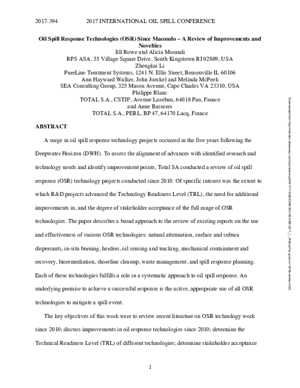 (PDF) Oil Spill Response Technologies (OSR) Since Macondo – A Review of ...