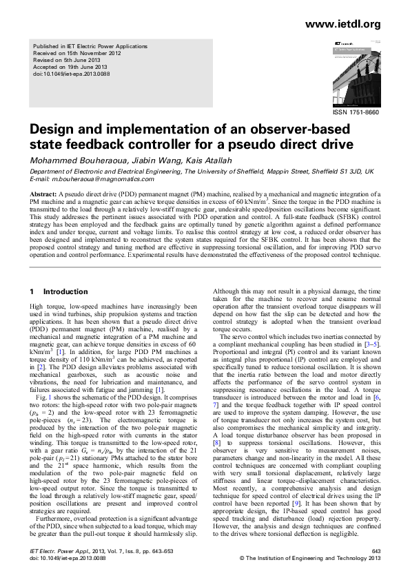 (PDF) Design and implementation of an observer‐based state feedback ...