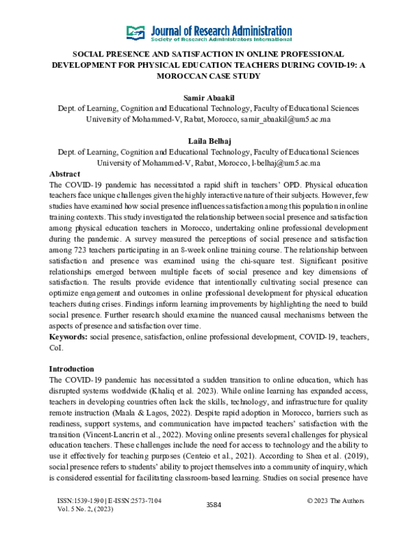 (PDF) SOCIAL PRESENCE AND SATISFACTION IN ONLINE PROFESSIONAL ...