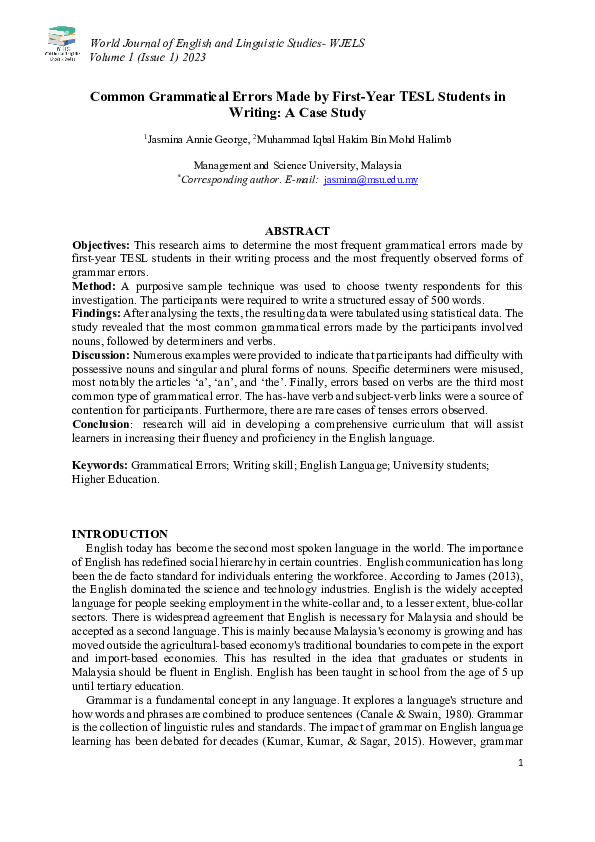 (PDF) Common Grammatical Errors Made by First Year TESL Students in ...