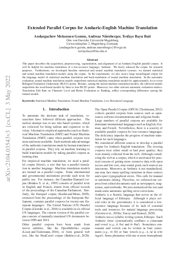 (PDF) Extended Parallel Corpus for Amharic-English Machine Translation