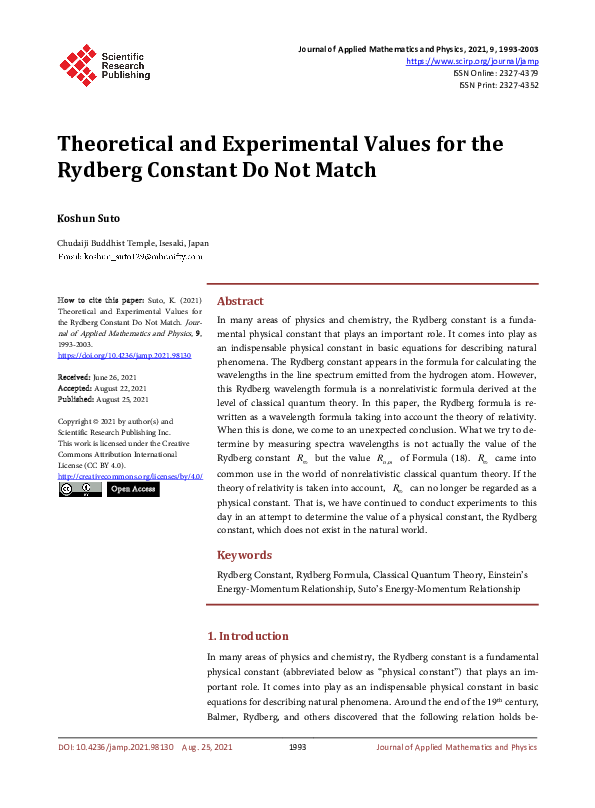 (PDF) Theoretical and Experimental Values for the Rydberg Constant Do ...