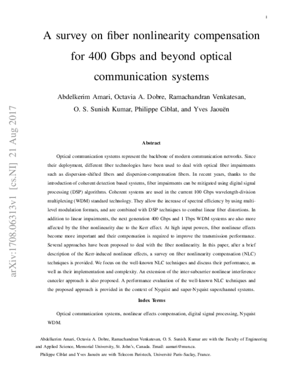(PDF) A survey on fiber nonlinearity compensation for 400 Gbps and ...
