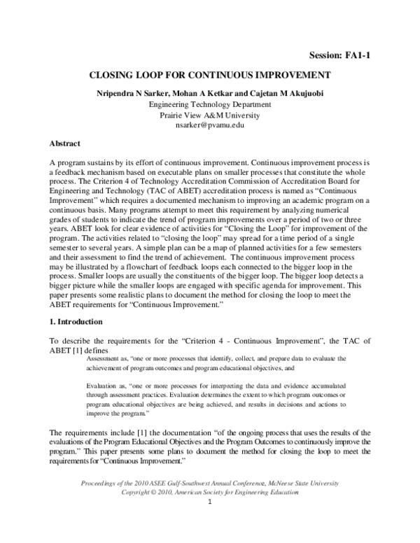(PDF) Closing Loop for Continuous Improvement