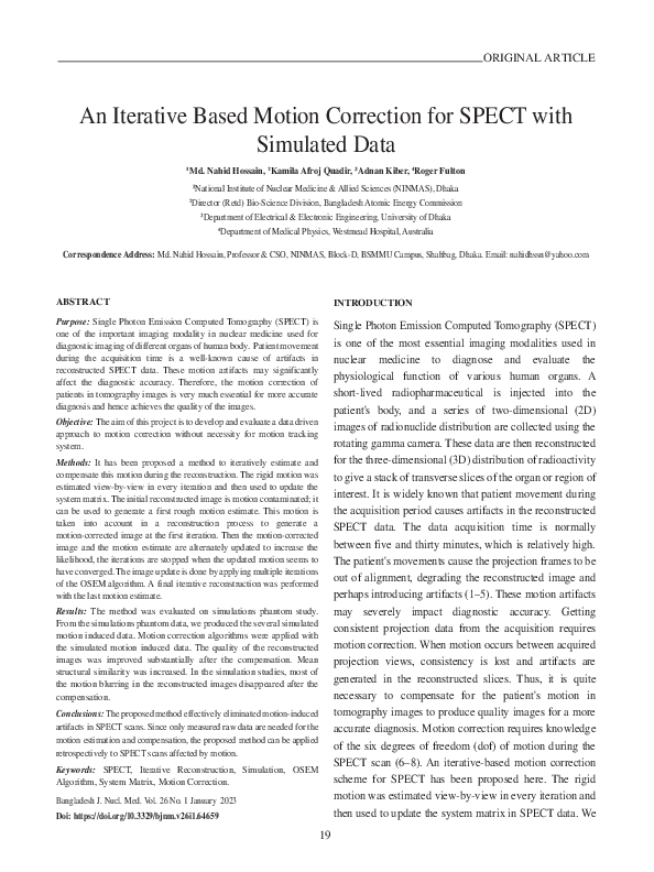(PDF) An Iterative Based Motion Correction for SPECT with Simulated Data
