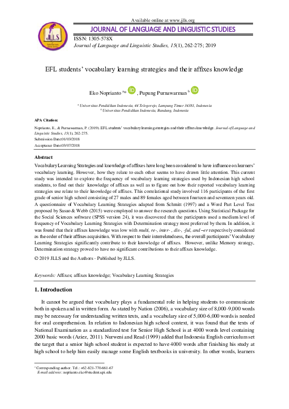 (PDF) EFL students’ vocabulary learning strategies and their affixes ...
