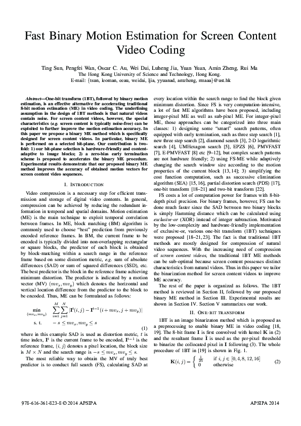 (PDF) Fast binary motion estimation for screen content video coding