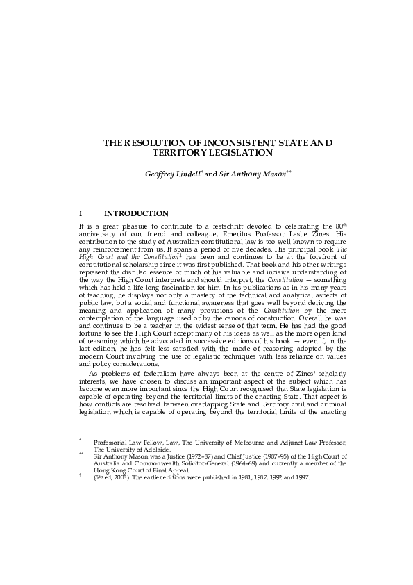 (PDF) The Resolution of Inconsistent State and Territory Legislation