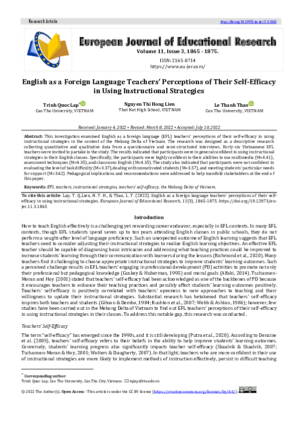 (PDF) English as a Foreign Language Teachers’ Perceptions of Their Self ...