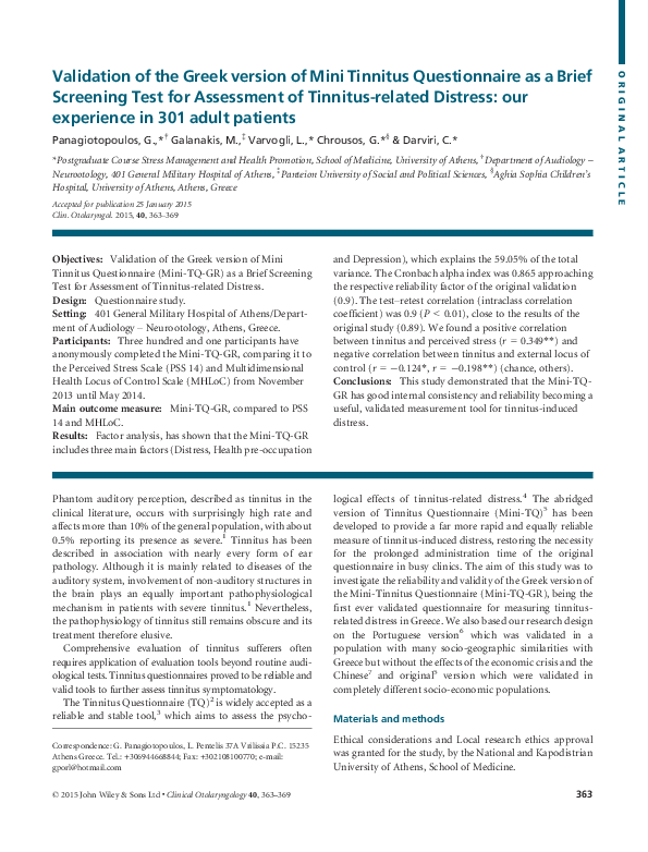 (PDF) Validation of the Greek version of Mini Tinnitus Questionnaire as