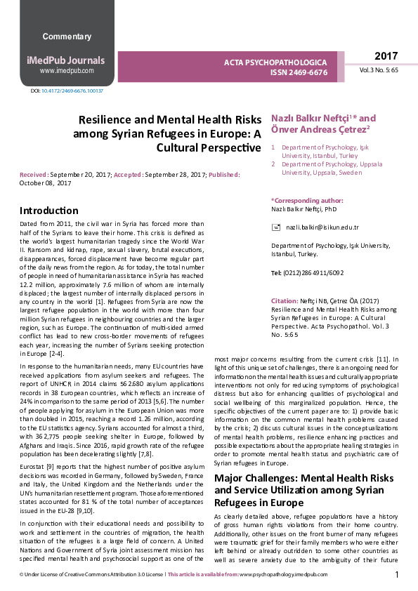 (PDF) Resilience and Mental Health Risks among Syrian Refugees in ...