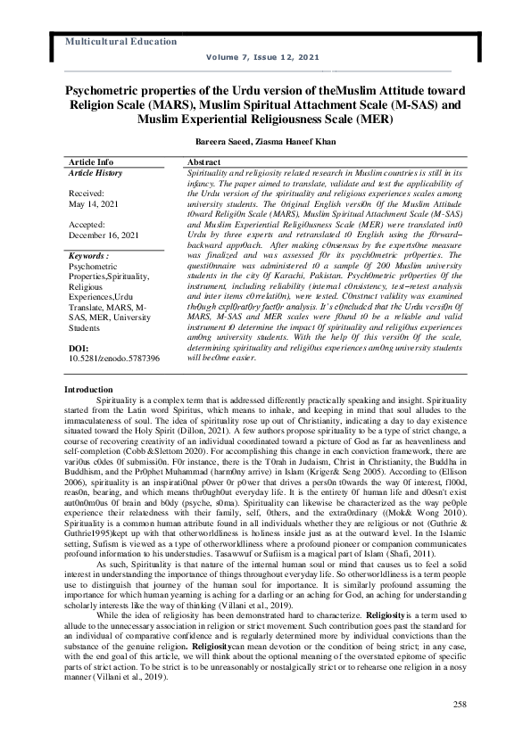 (PDF) Psychometric properties of the Urdu version of theMuslim Attitude ...