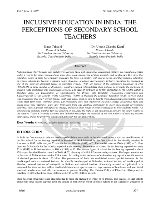 (PDF) Inclusive Education in India: The Perceptions of Secondary School ...