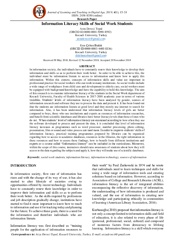 (PDF) Information Literacy Skills of Social Work Students