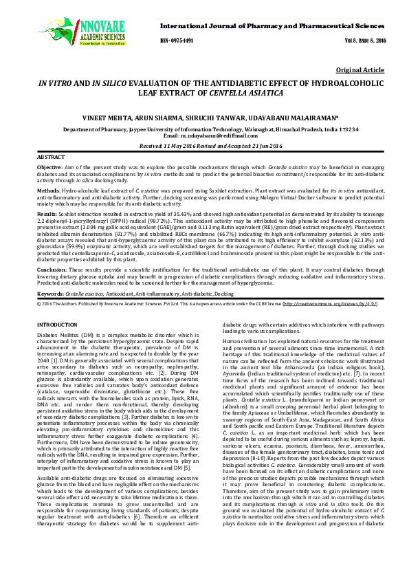 (PDF) IN VITRO AND IN SILICO EVALUATION OF THE ANTIDIABETIC EFFECT OF ...