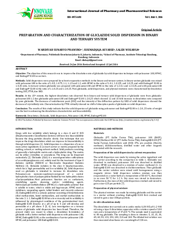 (PDF) PREPARATION AND CHARACTERIZATION OF GLICLAZIDE SOLID DISPERSION ...
