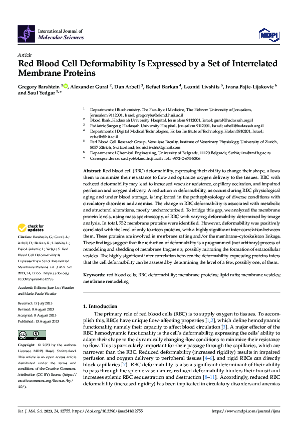(PDF) Red Blood Cell Deformability Is Expressed by a Set of ...
