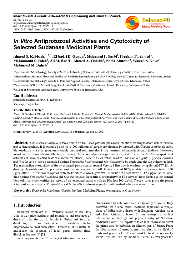 (PDF) In Vitro Antiprotozoal Activities and Cytotoxicity of Selected ...