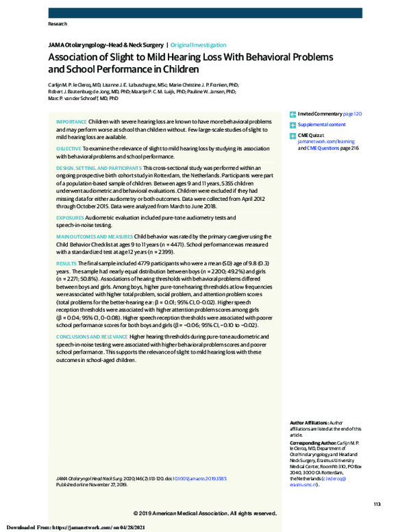 (PDF) Association of Slight to Mild Hearing Loss With Behavioral ...