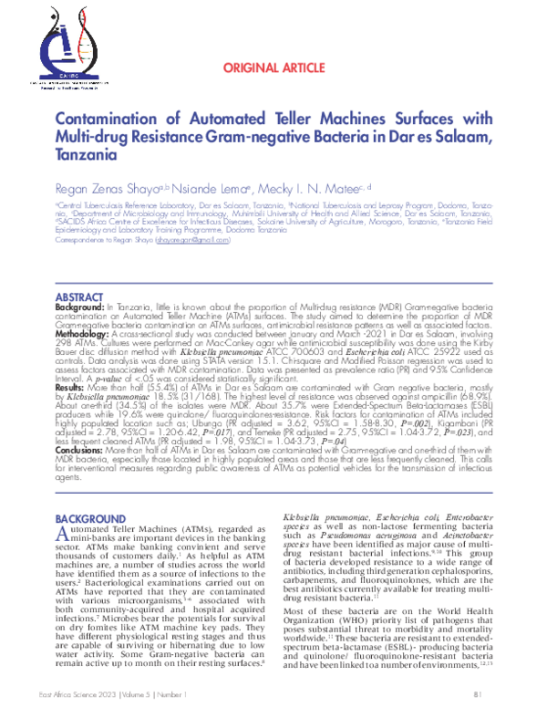 (PDF) Contamination of Automated Teller Machines Surfaces with Multi ...