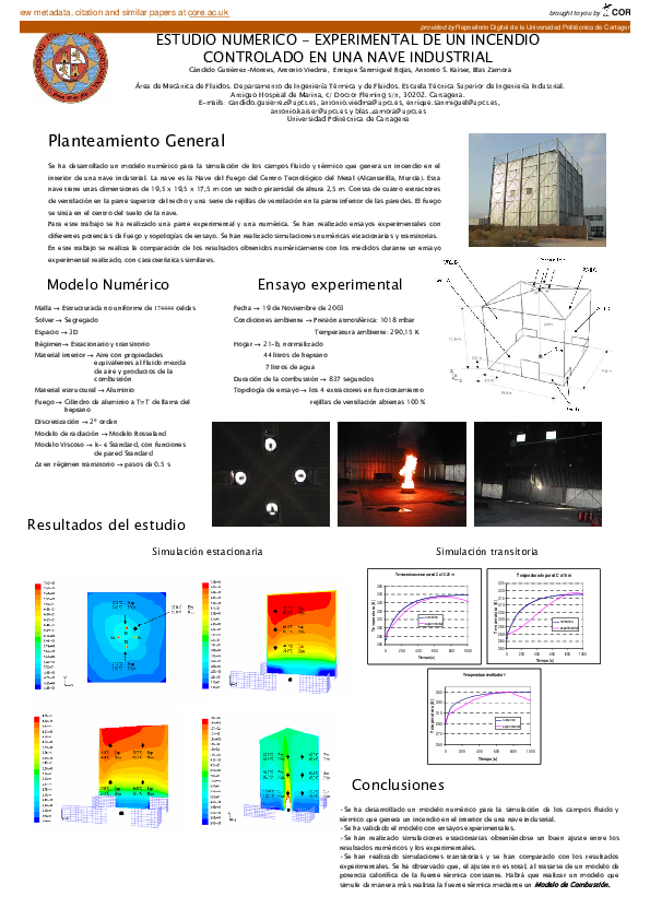 Estudio numérico experimental de un incendio controlado en una nave industrial. Póster