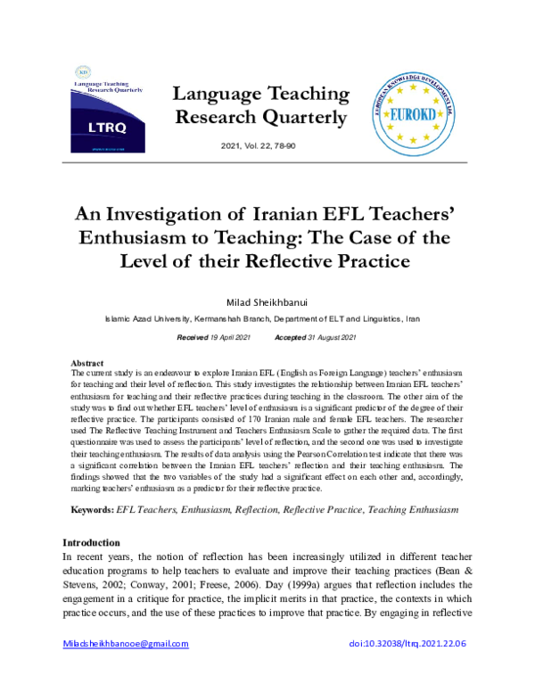 (PDF) An Investigation of Iranian EFL Teachers’ Enthusiasm to Teaching ...